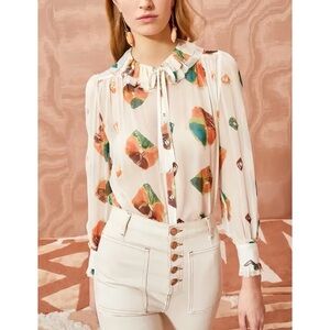 NWT Ulla Johnson Silk White Long-Sleeve Printed Pippa Collared Blouse